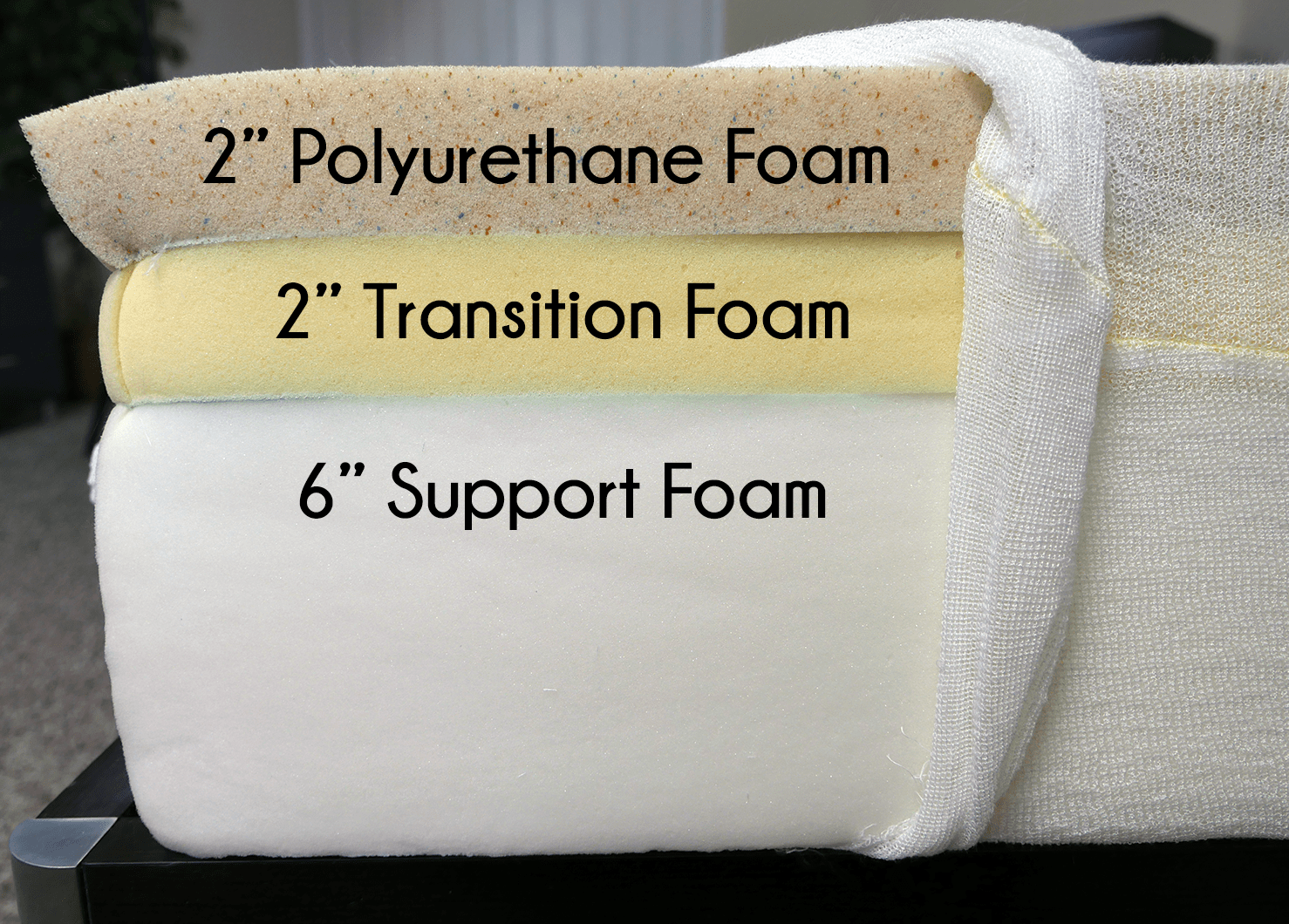 Hyphen layers (top to bottom) - 2" polyurethane foam, 2" transition foam, 6" high-density support foam