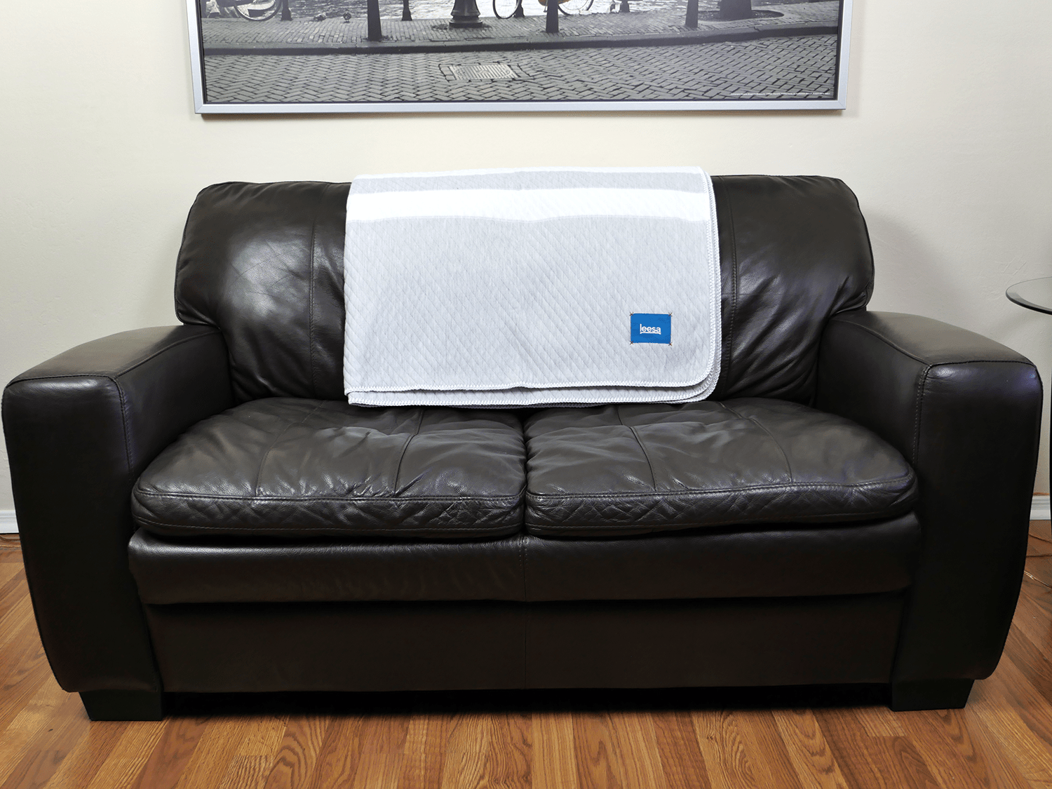 Leesa blanket on standard size love seat couch