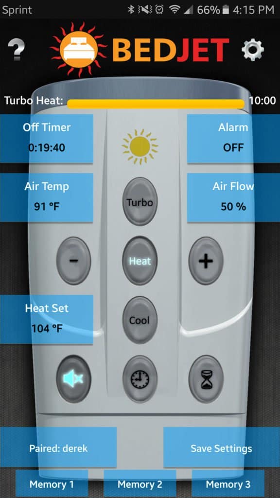 Screenshot from the BedJet App