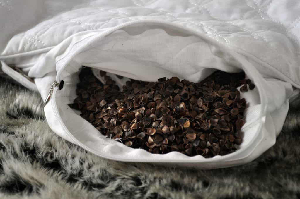 Pillows filled store with buckwheat hulls