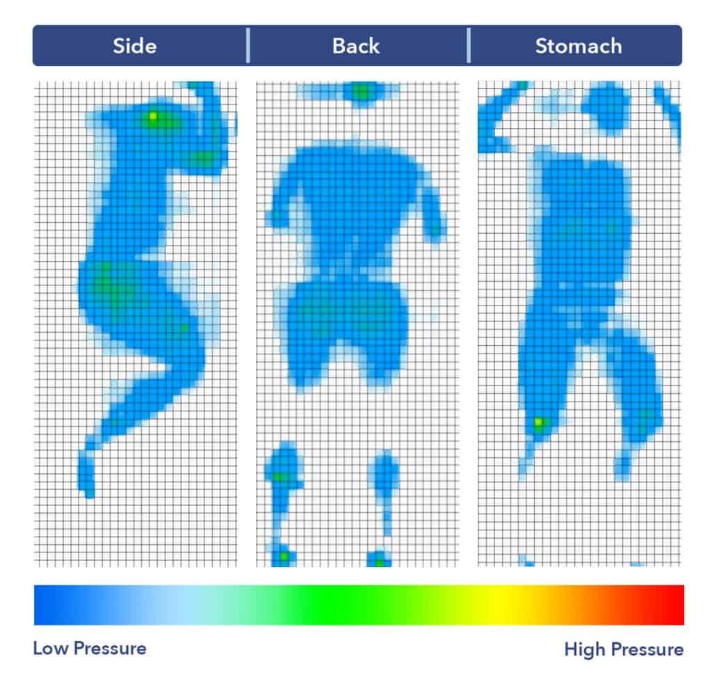 A pressure map graphic of the Birch, which shows low pressure buildup in all sleeping positions.