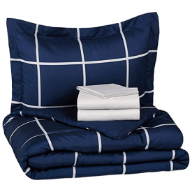 Amazon Basics 5-Piece Bed-In-A-Bag Comforter Bedding Set, Navy Simple Plaid Microfiber