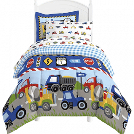 Dream Factory Trucks Tractors Cars Boys 5-Piece Comforter Sheet Set, Blue Red, Twin Size