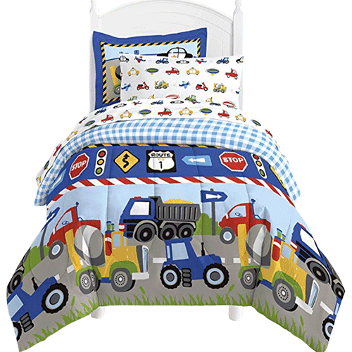 Dream Factory Trucks Tractors Cars Boys 5-Piece Comforter Sheet Set, Blue Red, Twin Size