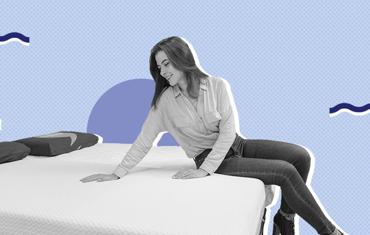 Woman sitting on a new mattress