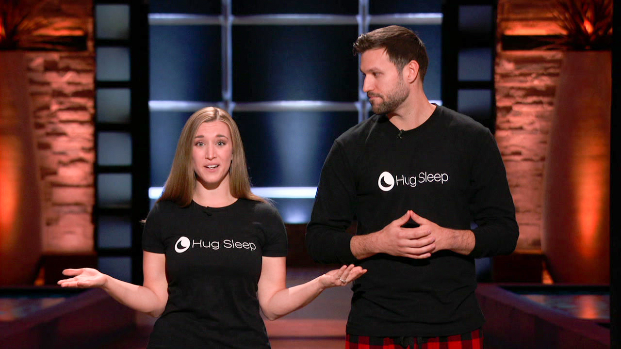 Angie Kupper & Matt Mundt presenting their company Hug Sleep on Shark Tank.