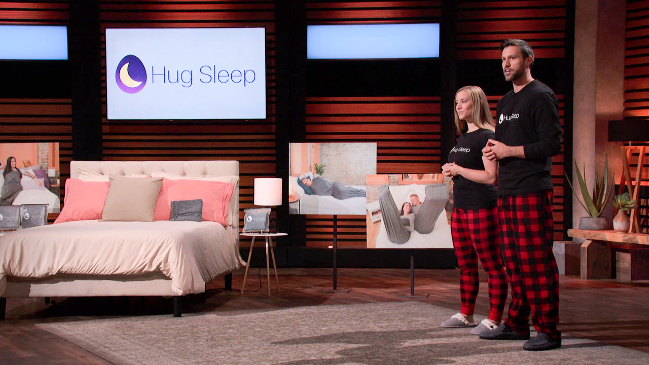 Matt Mundt & Angie Kupper presenting their company Hug Sleep on Shark Tank.