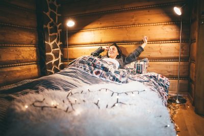 sleeping in a winter cabin