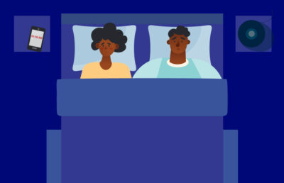 man and women struggling to sleep illustration