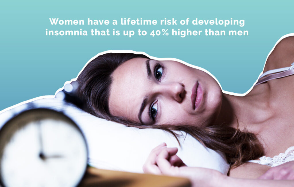 Graphic of woman unable to sleep with statistic about women's higher chance of developing insomnia