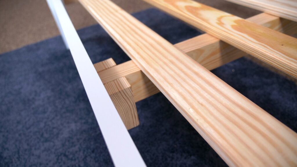 helix wood bed frame slats close up
