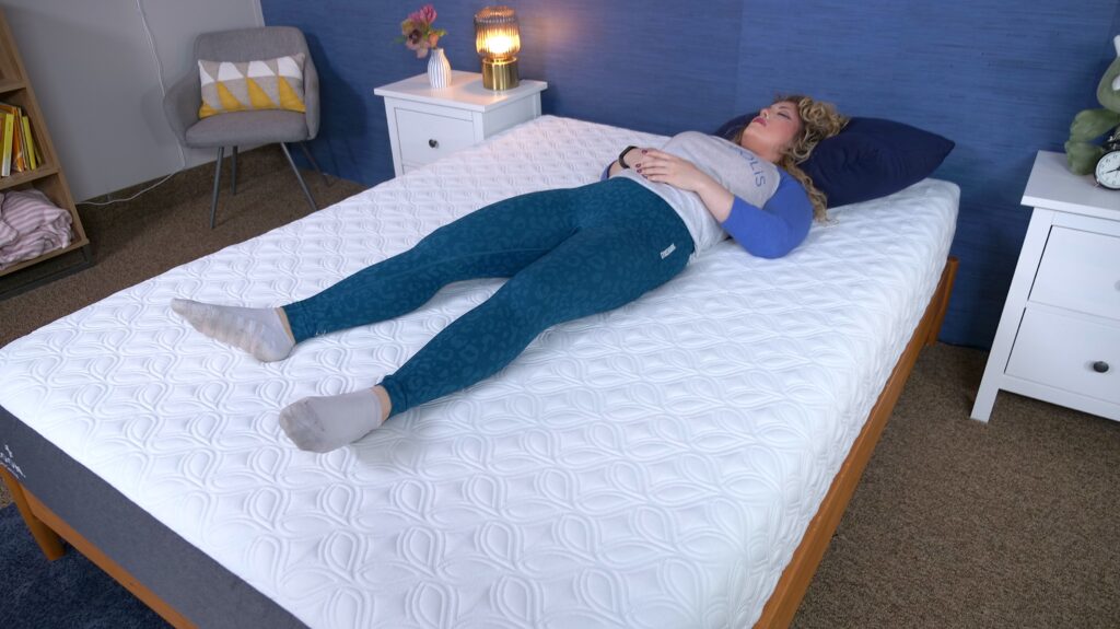 Nichole back sleeping on the Cocoon Chill Mattress Construction