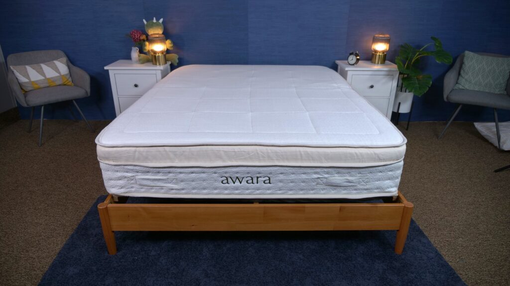 The Awara Premier Luxury Hybrid mattress in the Sleepopolis studio.