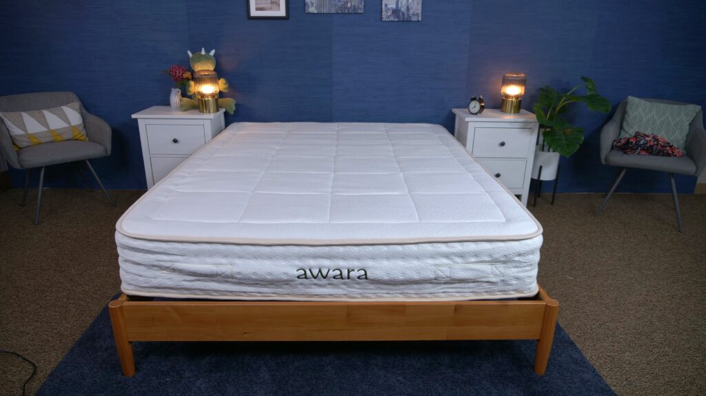 The Awara Natural Luxury Hybrid mattress in the Sleepopolis studio.