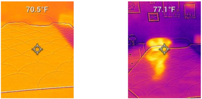 A side-by-side image showing thermal readings from a DreamCloud mattress.