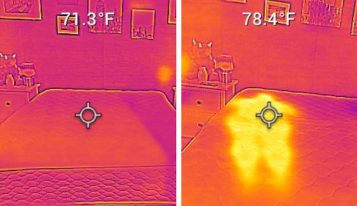 The EcoCloud’s thermal gun readings before and after lying down on it for five minutes.