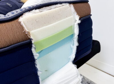 A Brooklyn Bedding CopperFlex Mattress is cut open to show the layers.