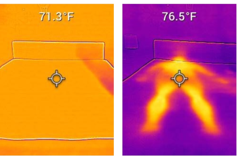 A side-by-side comparison of thermal testing images of the Nectar mattress. The temperature rose 5.2 degrees after one of our testers lying on it.