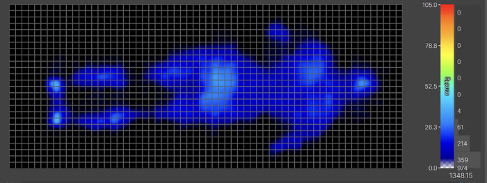 A pressure map graphic of an average-weight tester lying on the Bear Elite Hybrid in the back-sleeping position. The map is mostly blue, indicating little to no pressure buildup.