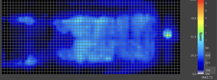 A pressure map graphic of a heavyweight tester lying on the Bear Elite Hybrid in the back-sleeping position. The map is mostly blue, indicating little to no pressure buildup.