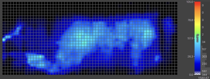 A pressure map graphic of a heavyweight tester lying on the Bear Elite Hybrid in the side-sleeping position. The map is mostly blue, indicating little to no pressure buildup.