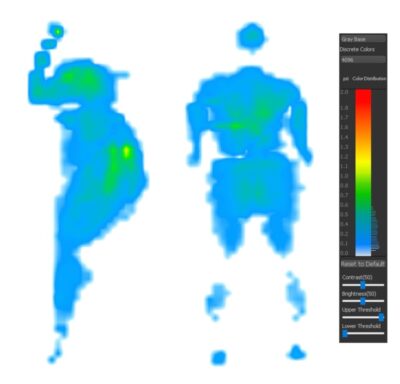 Side-by-side images of our pressure map for the Nectar Ultra. It shows a thermal graphic of someone lying on their side and their back. The map is mostly blue, with small patches of green at the hips and shoulders in the side-sleeping position.