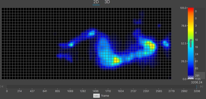 A thermal graphic showing a lightweight sleeper lying on the Plank Firm's Extra-Firm side in the side-sleeping position. There's some yellow at the hips and shoulders, indicating moderate pressure buildup in those areas.