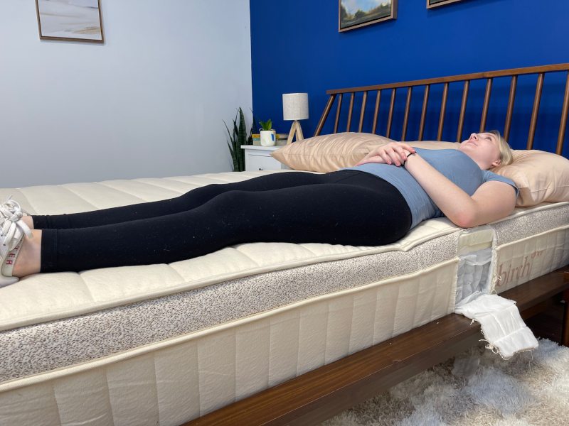 Our tester back sleeping on a Birch Luxe Natural Mattress