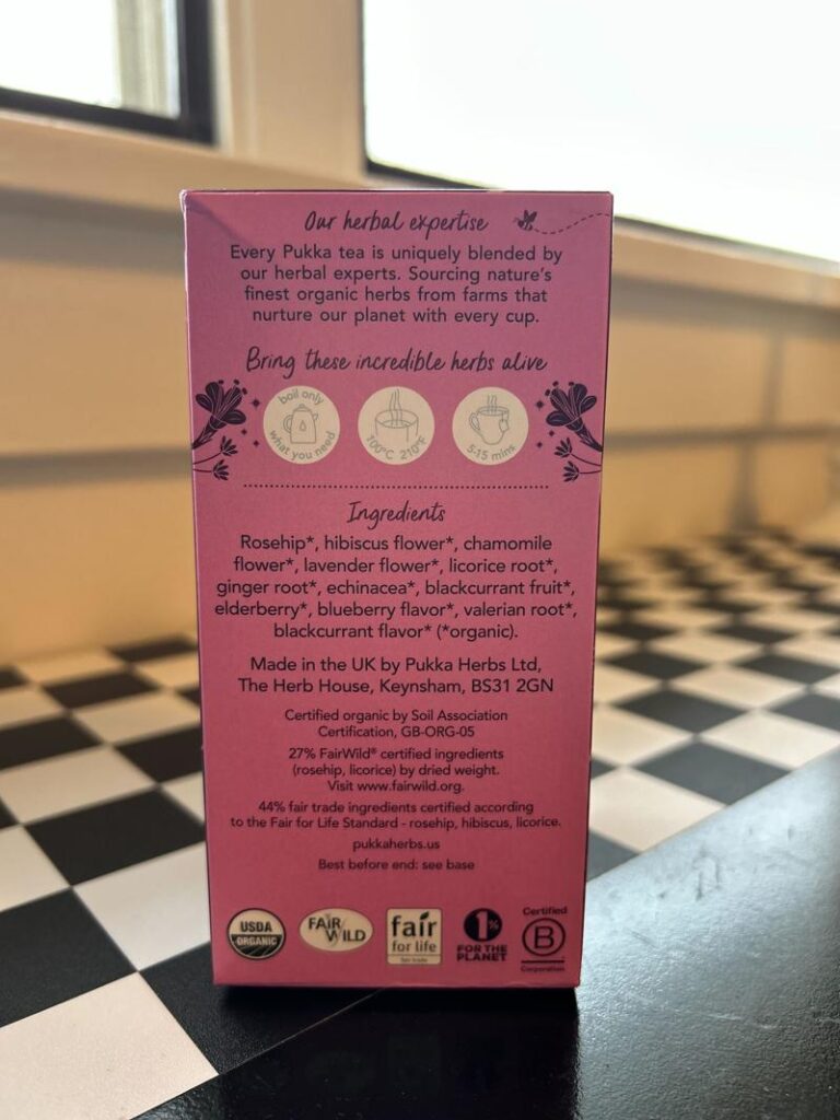 Ingredients on a box of Pukka Night Time Berry Tea