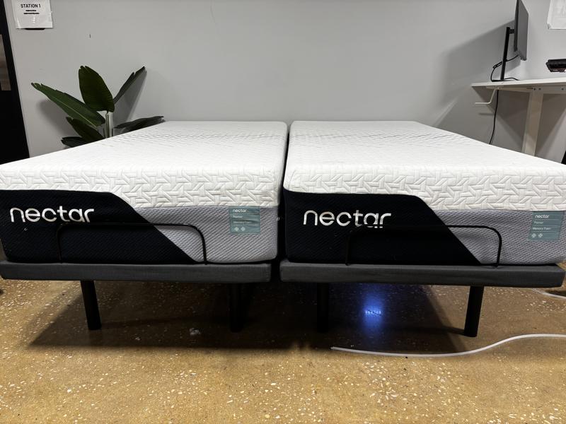 Front view of aNectar Premier Adjustable Base with Nectar Split King mattresses