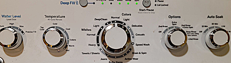 A control panel for a washing mashine with 5 dials of settings to configure.