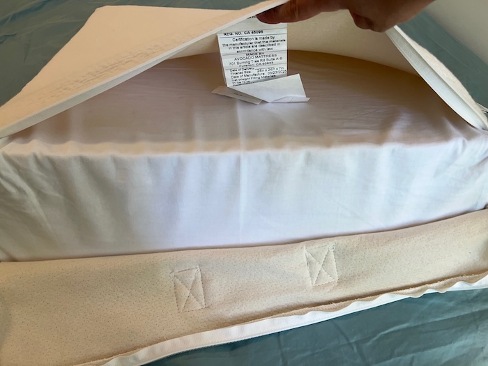 A hand unzipping the cover of the Avocado Wedge Pillow to show the inserts.